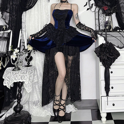 Glamorous Velvet Dress with Floral Pattern for Alternative Fashion