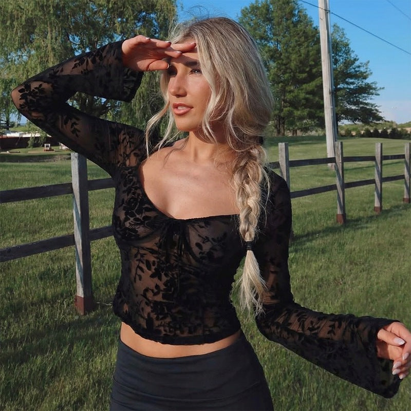 Fashionable Sheer Mesh Long Sleeve T-Shirt for Women