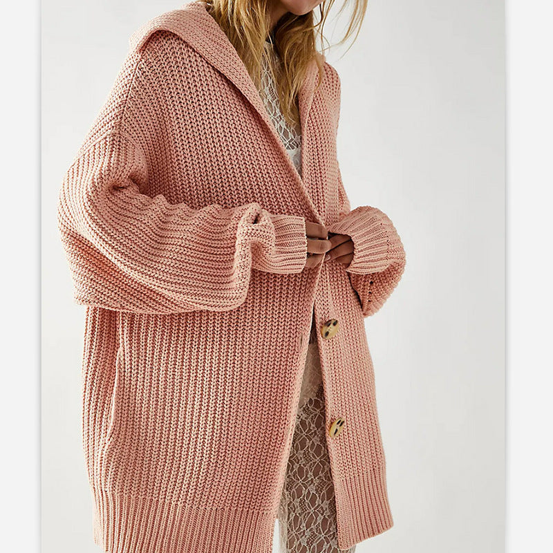 New Women'S Solid Color Lapel Pocket Knitted Cardigan Button Long Coat In Autumn And Winter