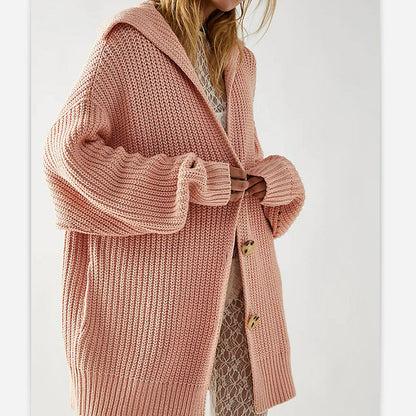 New Women'S Solid Color Lapel Pocket Knitted Cardigan Button Long Coat In Autumn And Winter