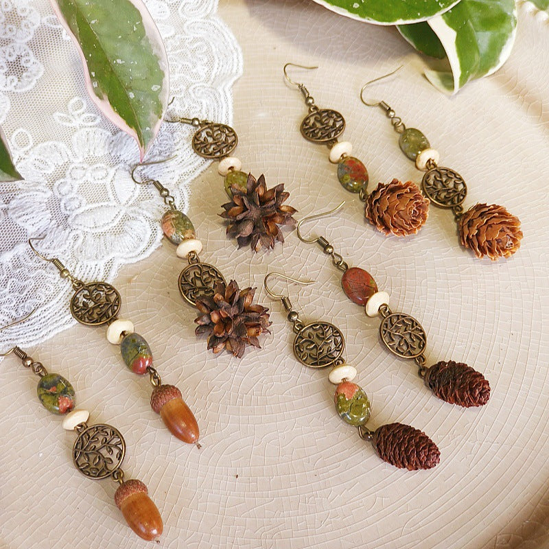 Vintage Leaf Design Handmade Earrings with Natural Green Stone