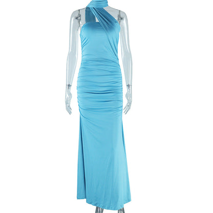 Chic Solid Color Halter Neck Dress With Backless Design