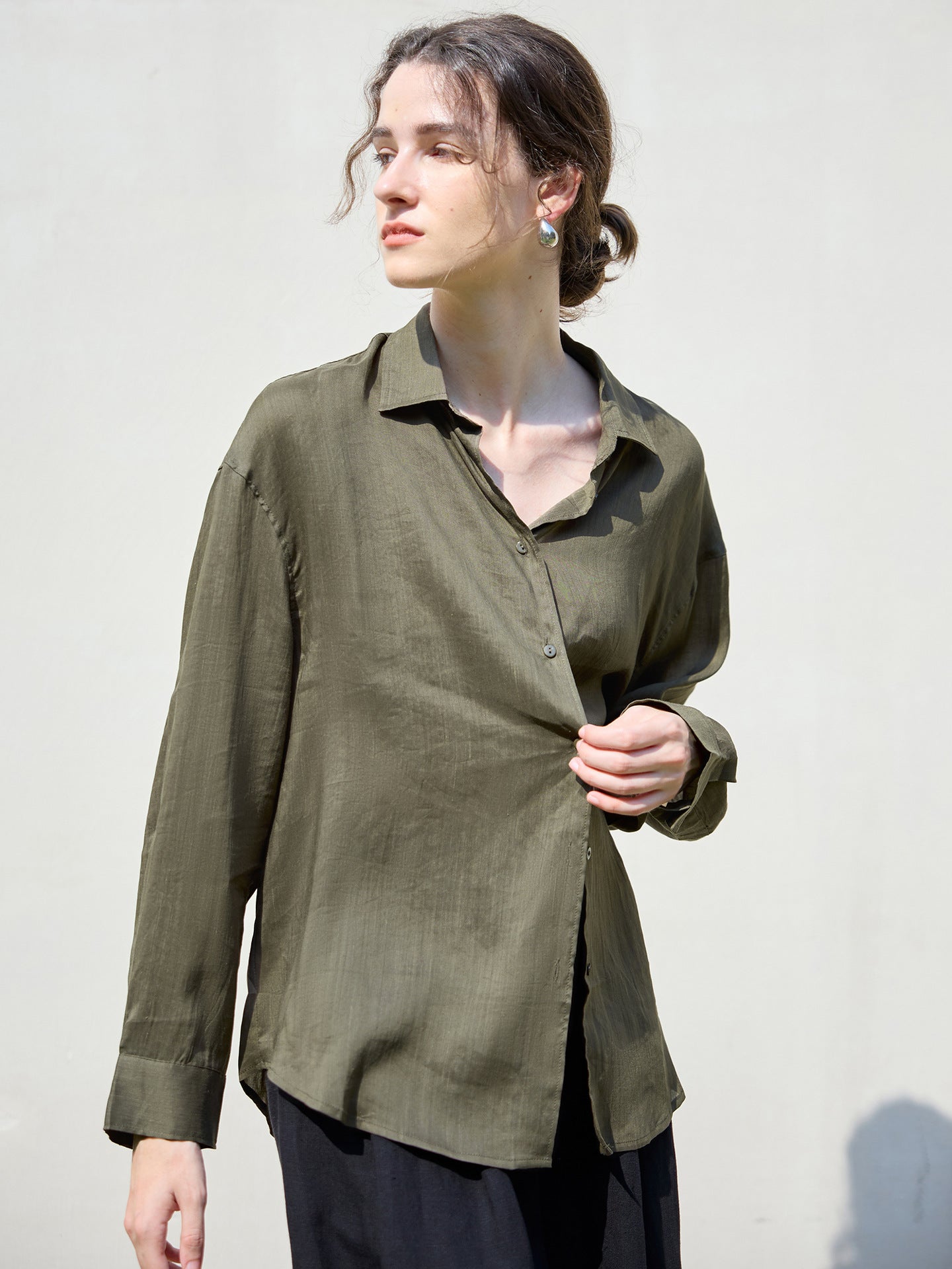 Loose-Fit Solid Color Linen Blend Shirt for Women