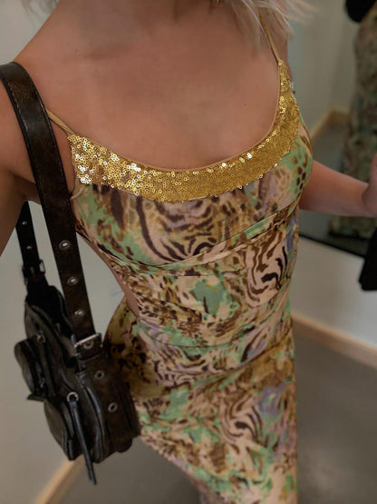 Fashionable Abstract Print Double-Layer Maxi Dress with Hollow Back