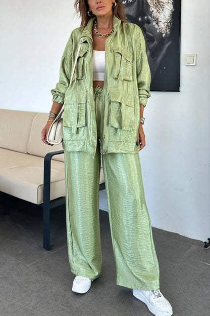 Fashionable Long Sleeve Solid Color Two-Piece Set with Straight-Leg Pants