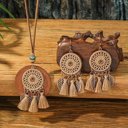 Bohemian Dreamcatcher Tassel Earrings and Wooden Necklace Set