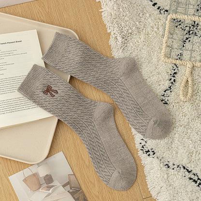 Simple Thicken Warm Bow Embroidery Crew Socks