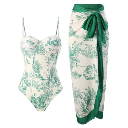 Vintage Print Slim Fit Swimwear with Cover Dress