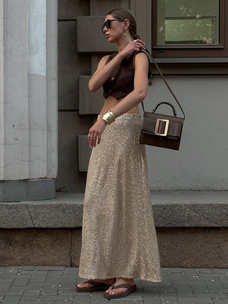 Sequin Maxi Skirt Stylish Casual Streetwear