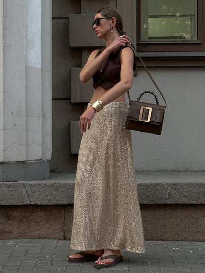 Sequin Maxi Skirt Stylish Casual Streetwear