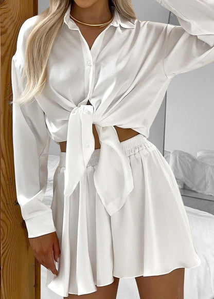 Two Piece Satin Lounge Set With Classic Collar