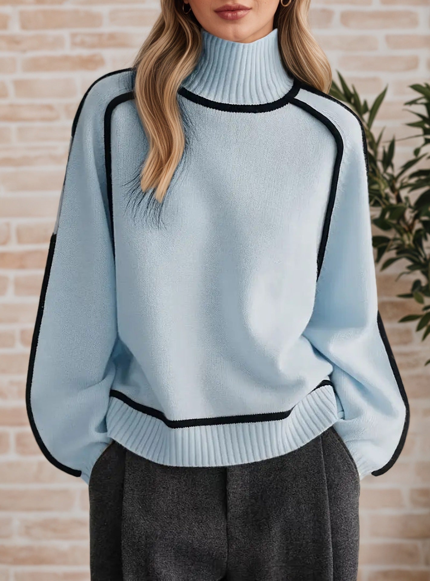 Elegant High Neck Ribbed Knit Sweater