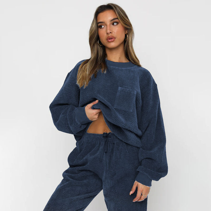 Solid Color Corduroy Casual Pullover Set