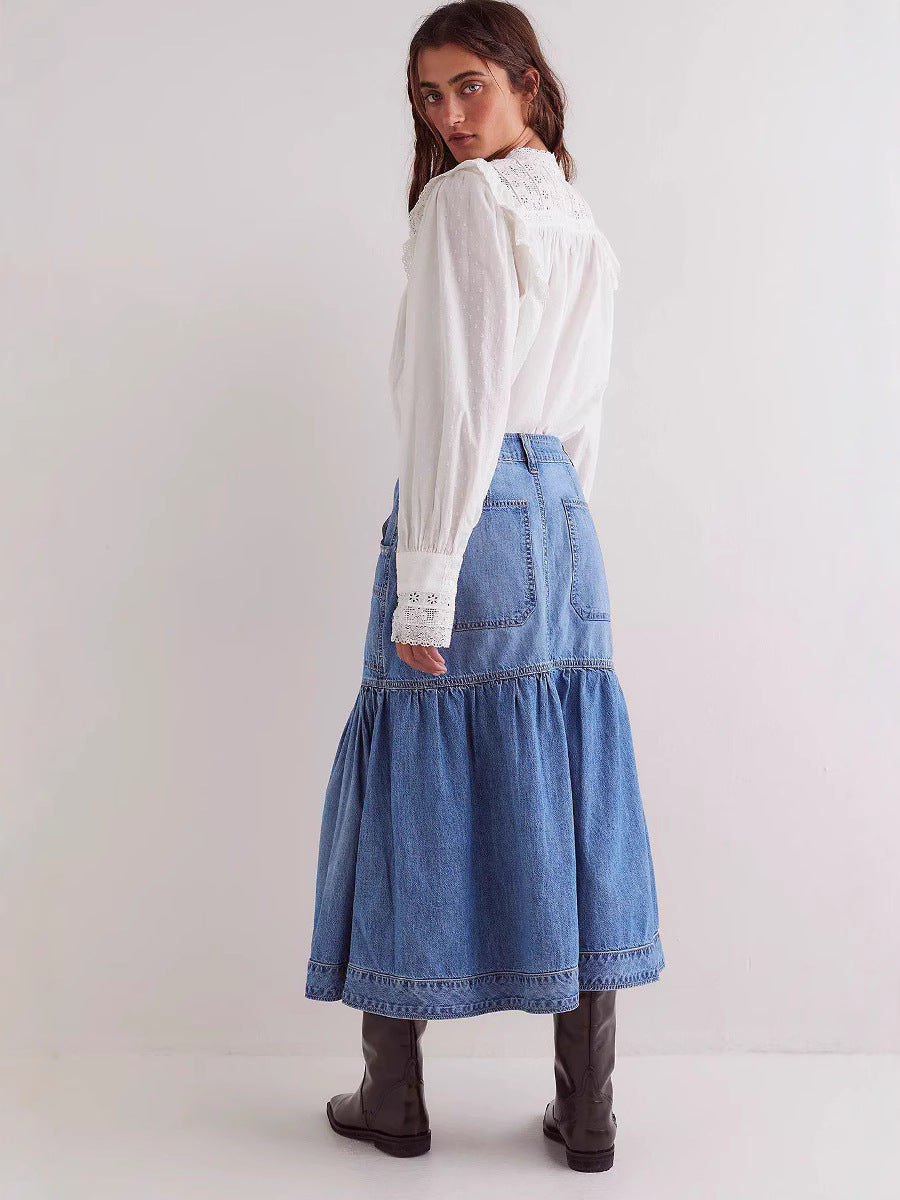 High-Waisted A-Line Denim Skirt Casual Vintage Style