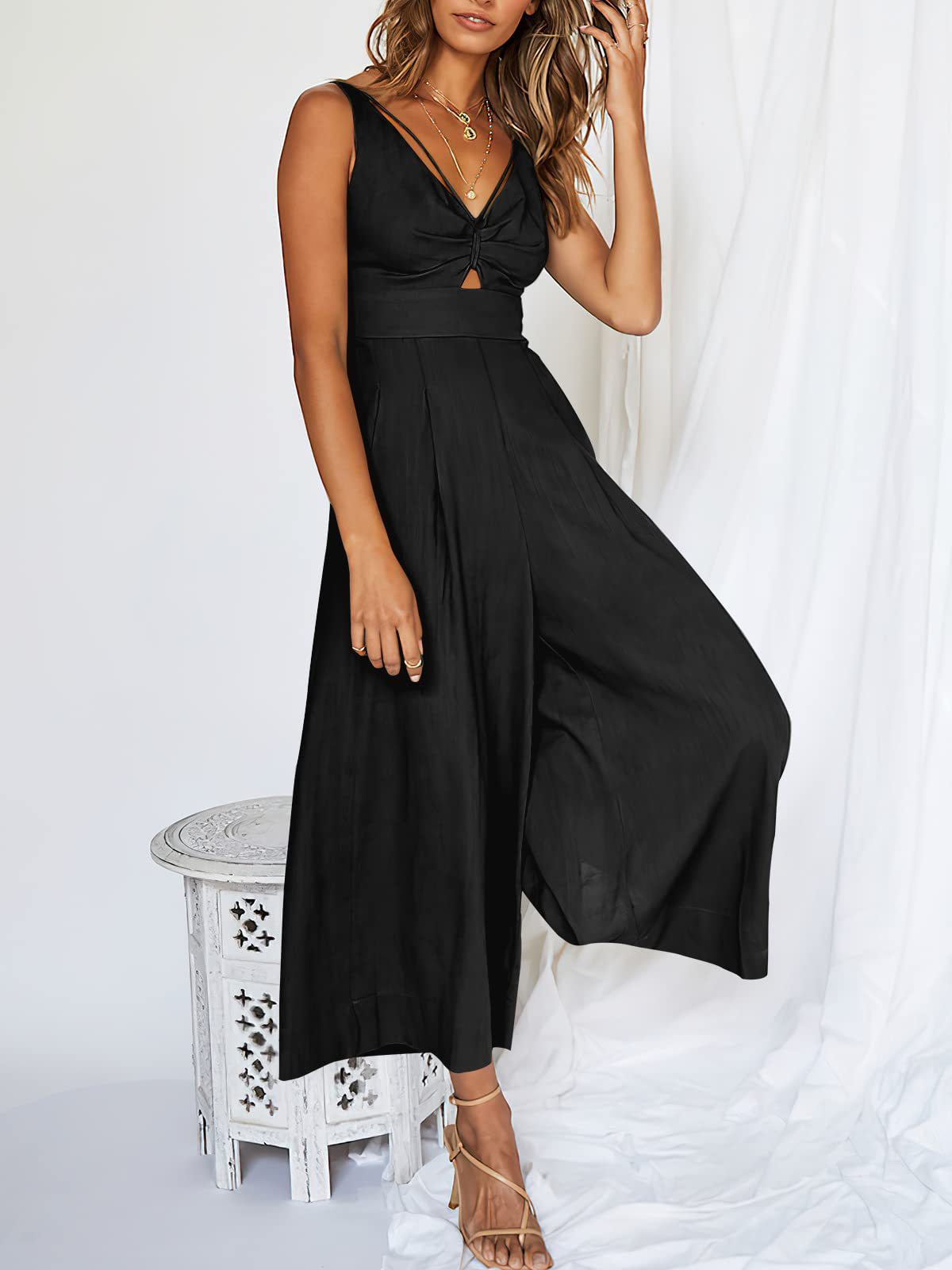 V-Neck Solid Color Straight Leg Jumpsuit