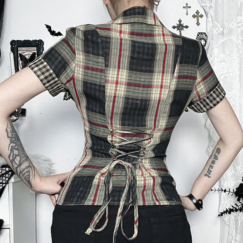 Women's Checkered Cotton Shirt Casual Dark Aesthetic Top
