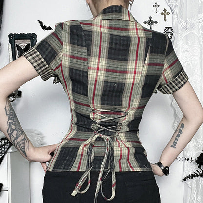 Women's Checkered Cotton Shirt Casual Dark Aesthetic Top