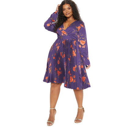 Floral Print Pleated Dress With Deep V Neck For Elegant Casual Style