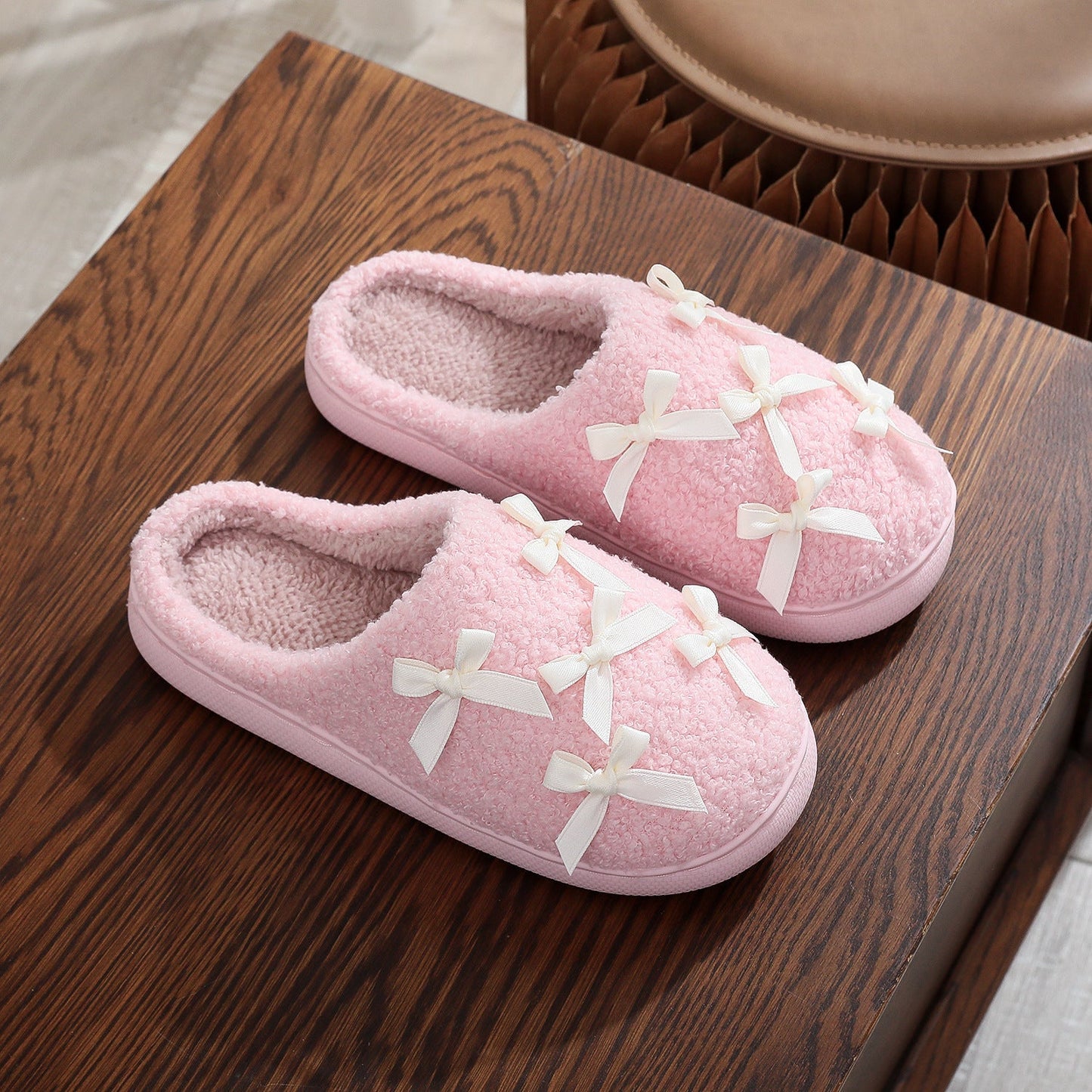 Bow Knot Plush Warm Winter Indoor Slippers