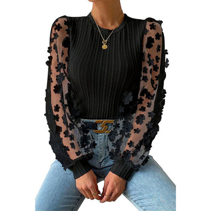 Women'S Mesh Small Flower Chiffon Shirt, Women'S Spring/Summer Round Neck Slimming Pullover Long Sleeved Top