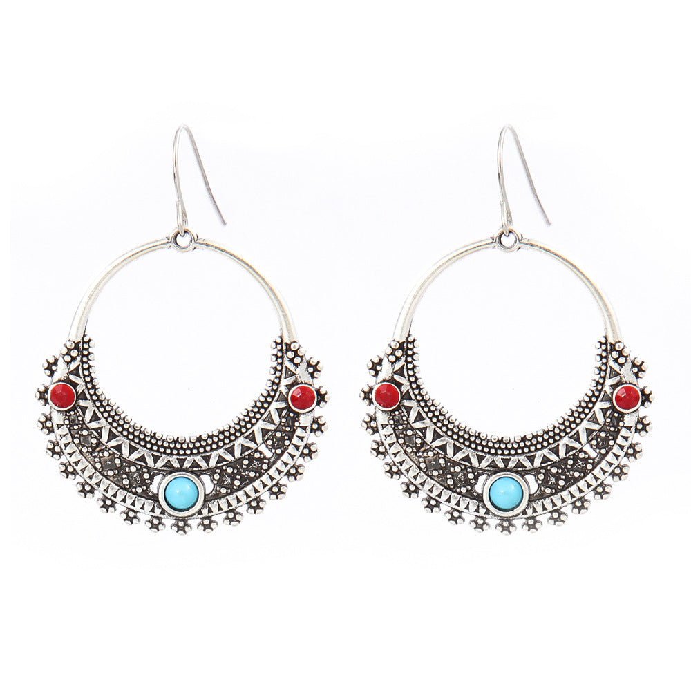Simple Tribal Flower Teardrop Circle Turquoise Earring Set