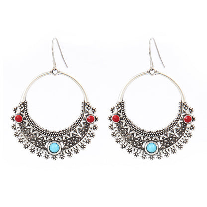 Simple Tribal Flower Teardrop Circle Turquoise Earring Set