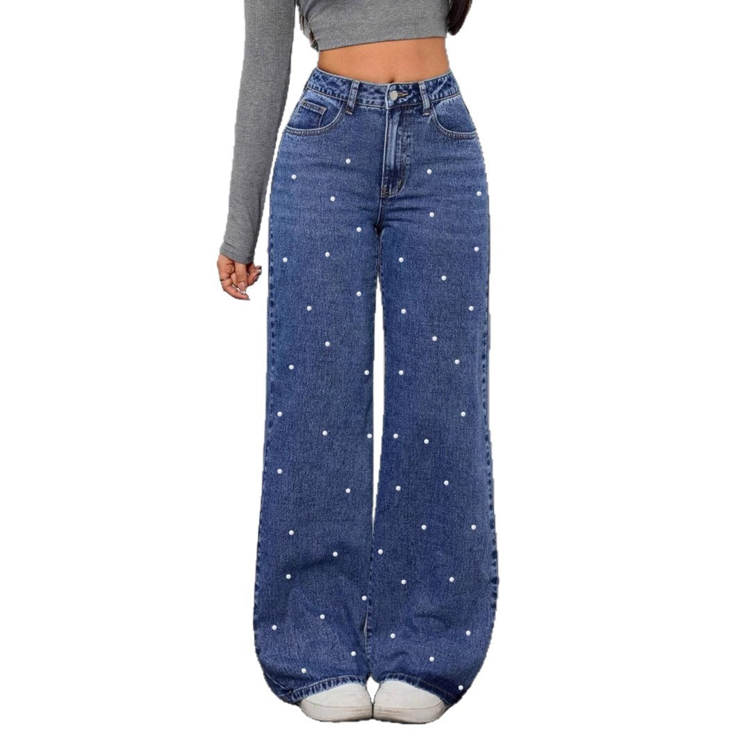 Casual Pearl High Waist Baggy Denim Pants