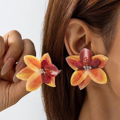 Bohemian Style 3D Orchid Flower Earrings Handmade Statement Jewelry