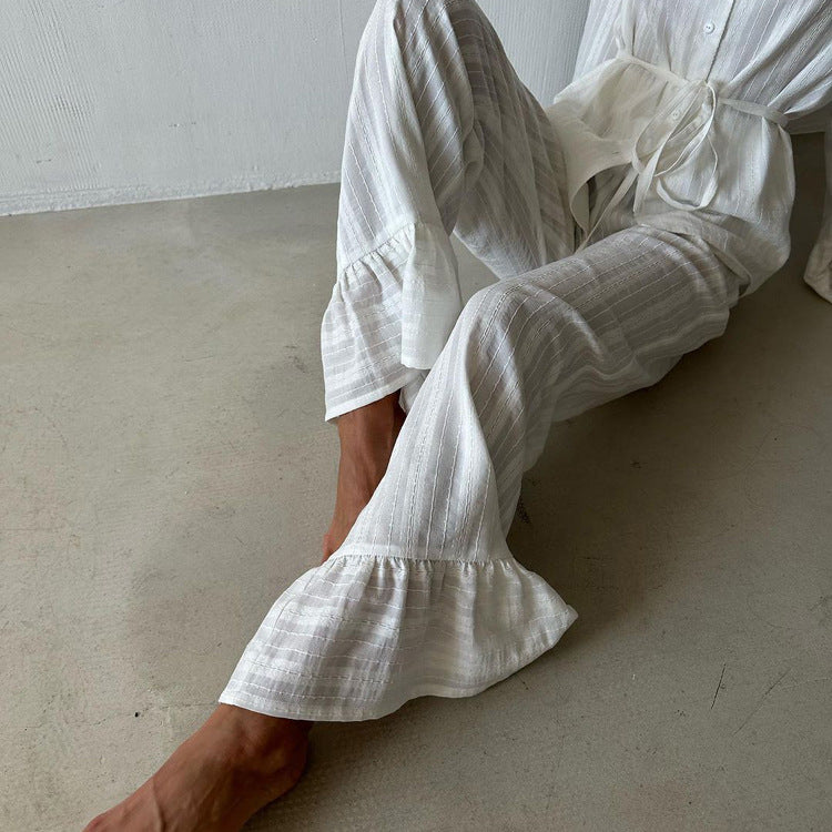 Casual Ruffled Shirt And Pant Set Cotton Long Sleeve