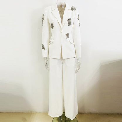 Beaded Blazer and Wide-Leg Pants Set