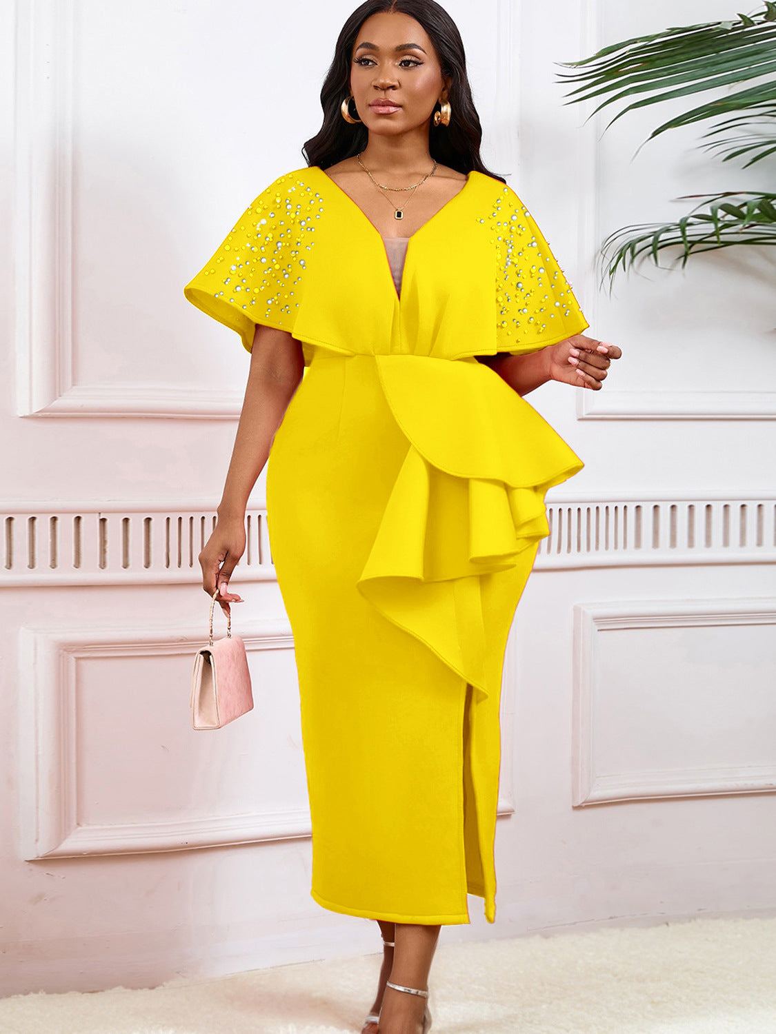 Elegant V-Neck Ruffle Hem Evening Dress