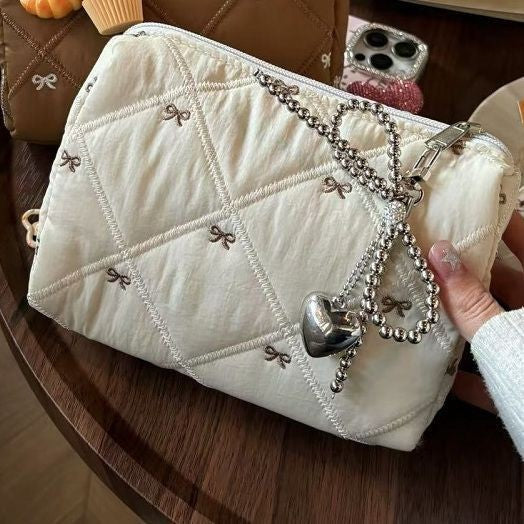 Simple Cotton Quilted Bow Embroidery Cosmetic Bag