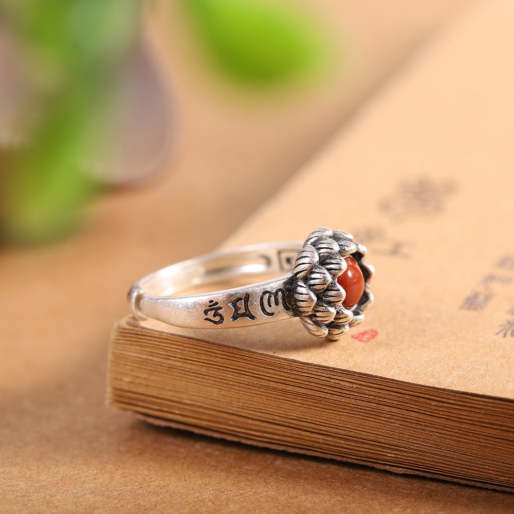 Character Silver S925 Silver Inlaid South Red Agate Eight-Petal Lotus Ring