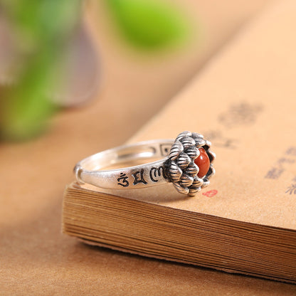 Character Silver S925 Silver Inlaid South Red Agate Eight-Petal Lotus Ring