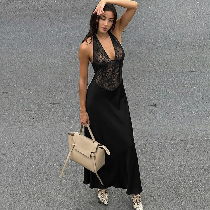 Backless Lace-Trimmed Deep V Neck Dress