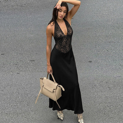 Backless Lace-Trimmed Deep V Neck Dress