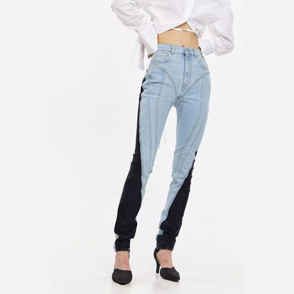 High-Waisted Slim Fit Denim Jeans Color-Block Street Style
