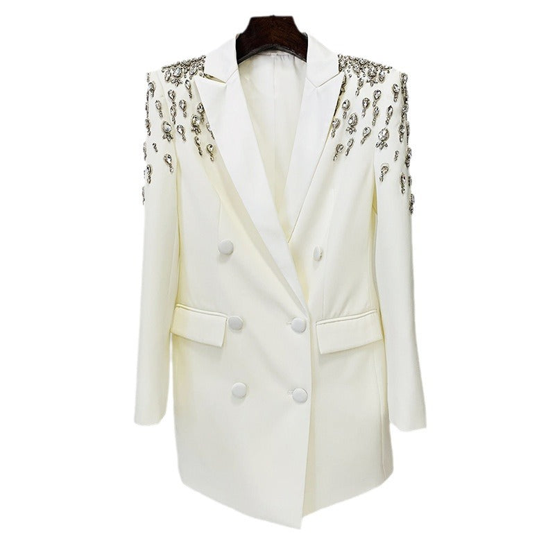 Chic Long Blazer With Beaded Embellishments