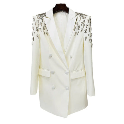 Chic Long Blazer With Beaded Embellishments