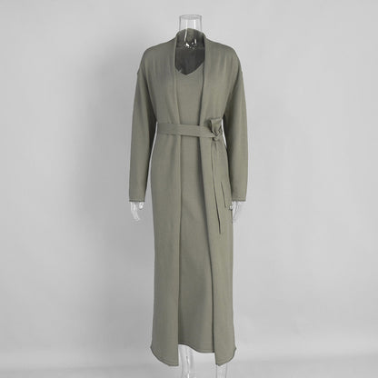 Knitted Long Sleeve Cardigan And Camisole Dress Set Soft Casual Ensemble