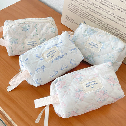 Cute Floral Print Wrist Makeup Bag with Cat Design