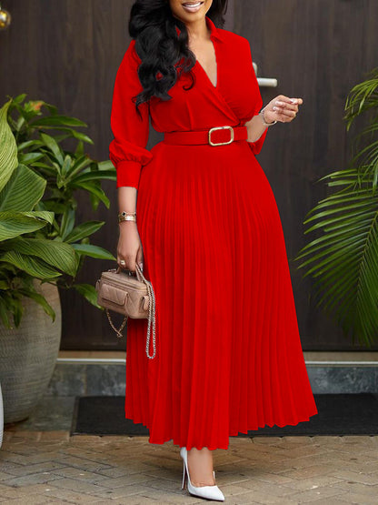 Chic Button-Up Long Sleeve A-Line Dress With Waistband