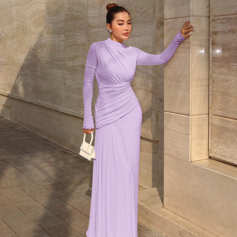 Elegant Ruched Zip-Up Long Sleeve Dress