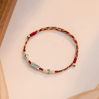 Original 925 Sterling Silver Koi Fish Bracelet Women'S Autumn Red Rope Weaving Vintage Small Gift Anklet