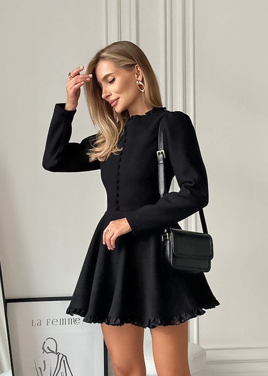 Buttoned Mini Dress High Quality Fabric Black