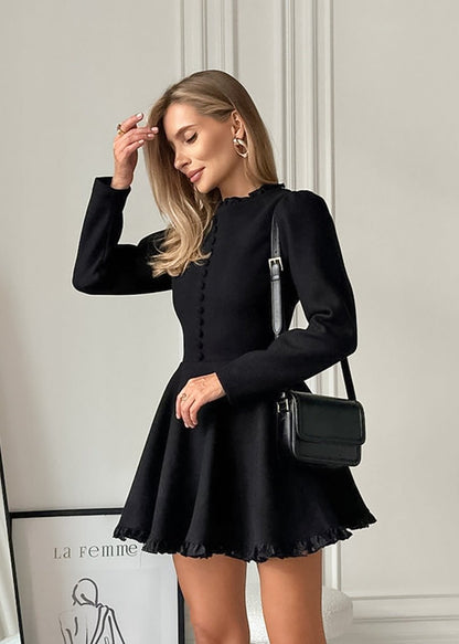 Buttoned Mini Dress High Quality Fabric Black
