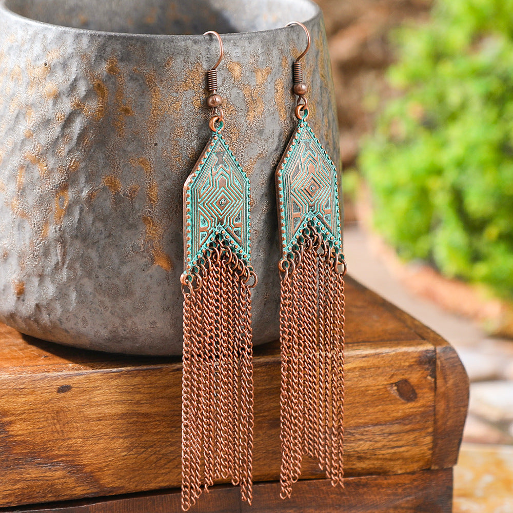 Bohemian Style Geometric Turquoise Tassel Earrings Set
