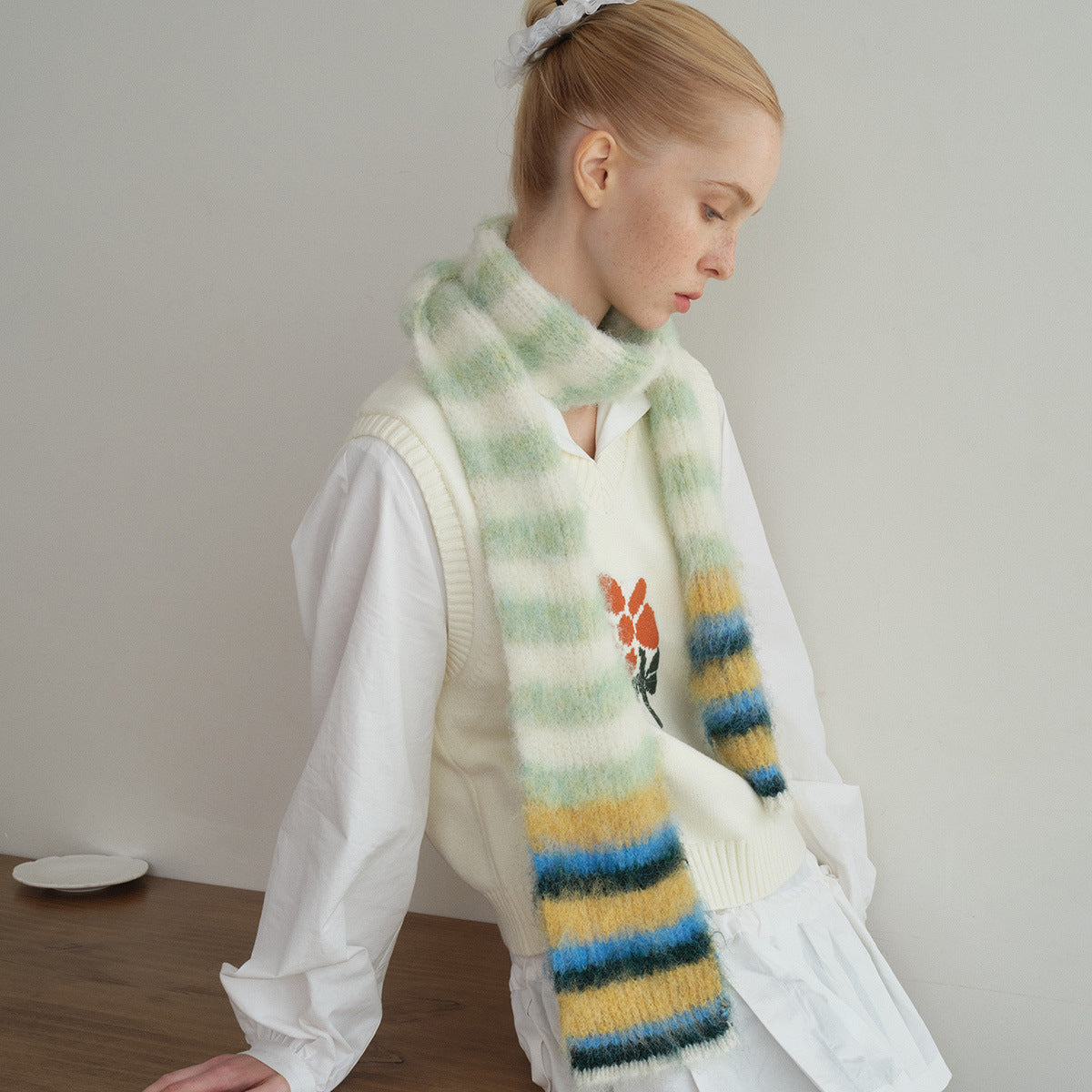 Color Block Striped Knitted Scarf Soft Acrylic Winter Accessory