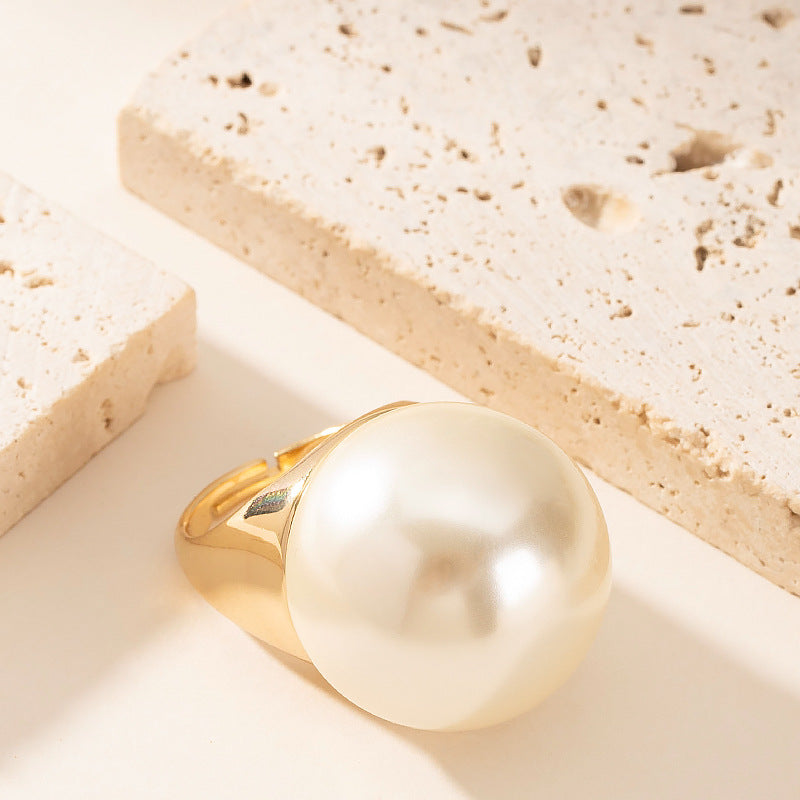 Fashionable Pearl Inlay Adjustable Open Ring For Women