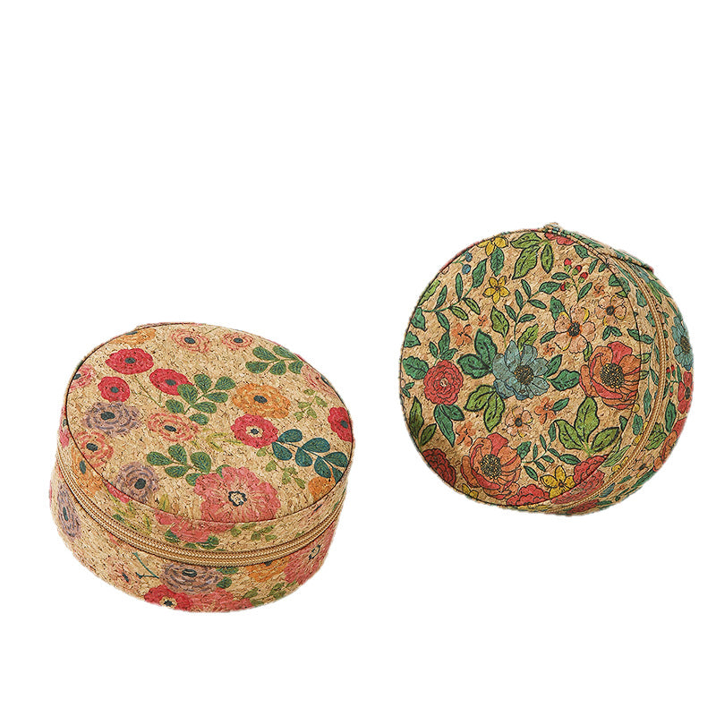 Vintage Flower Print Round Wooden Jewelry Case